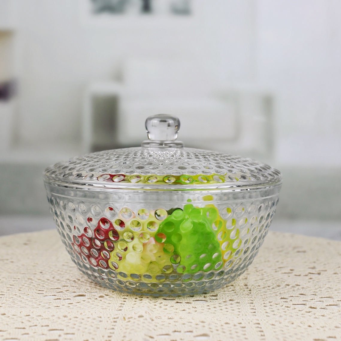 Large round fruit salad round crystal glass bowl set with lid JZ213