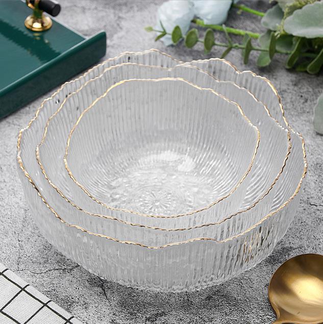 Gold rim transparent round fruit vegetable salad glass bowls set SA012