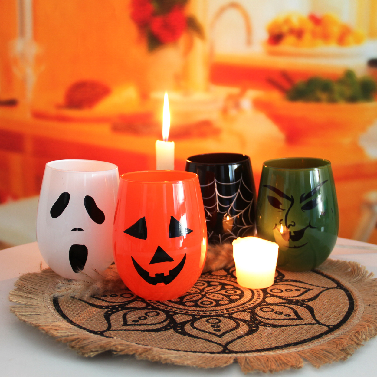 Hand-Painted Halloween themed stemless wine glasses HJB1427
