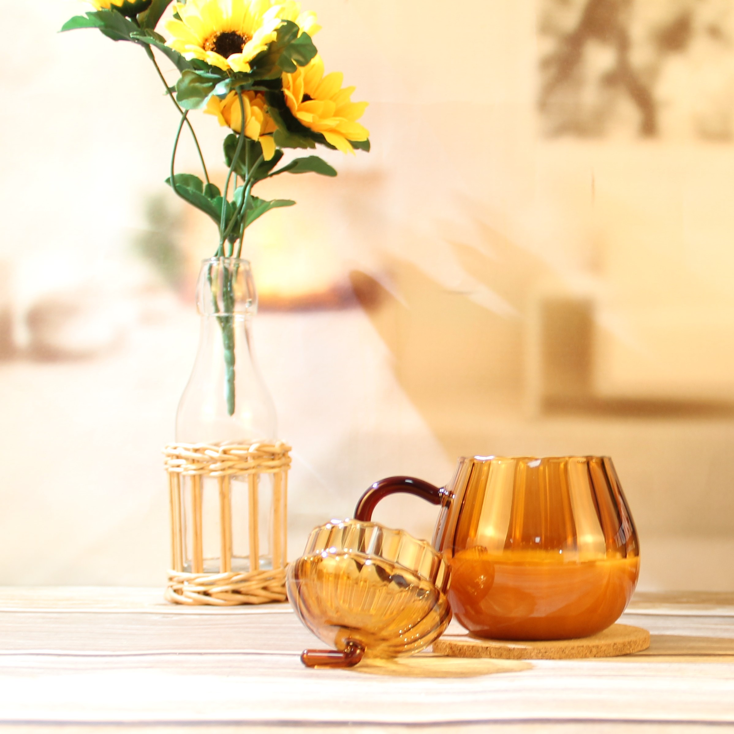 Mini Pumpkin Shape Amber Color Coffee Glass Mug Cup with Handle and Lid ZL011