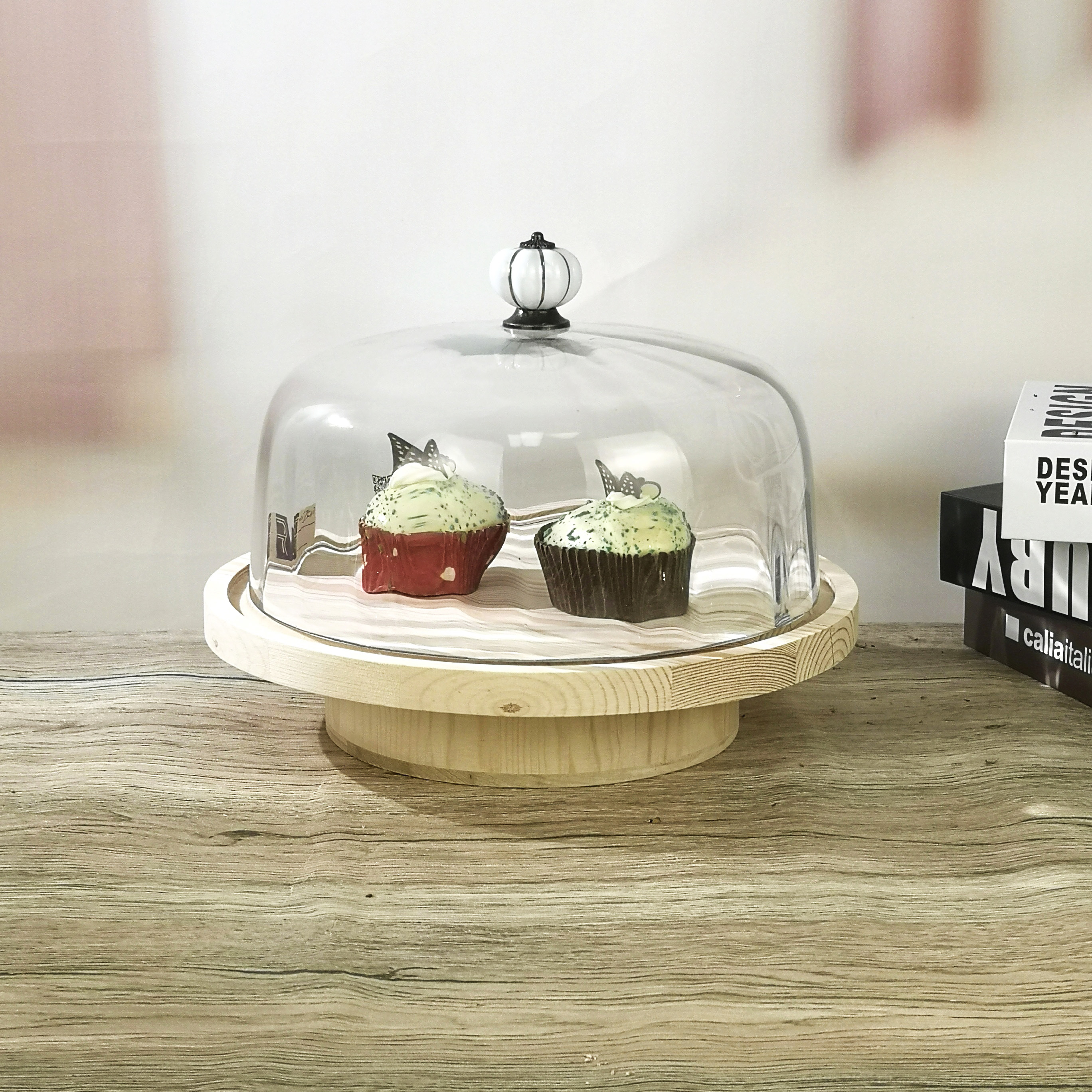 Customized clear Glass Cake Dome Cover with Wood Base Stand PZ070