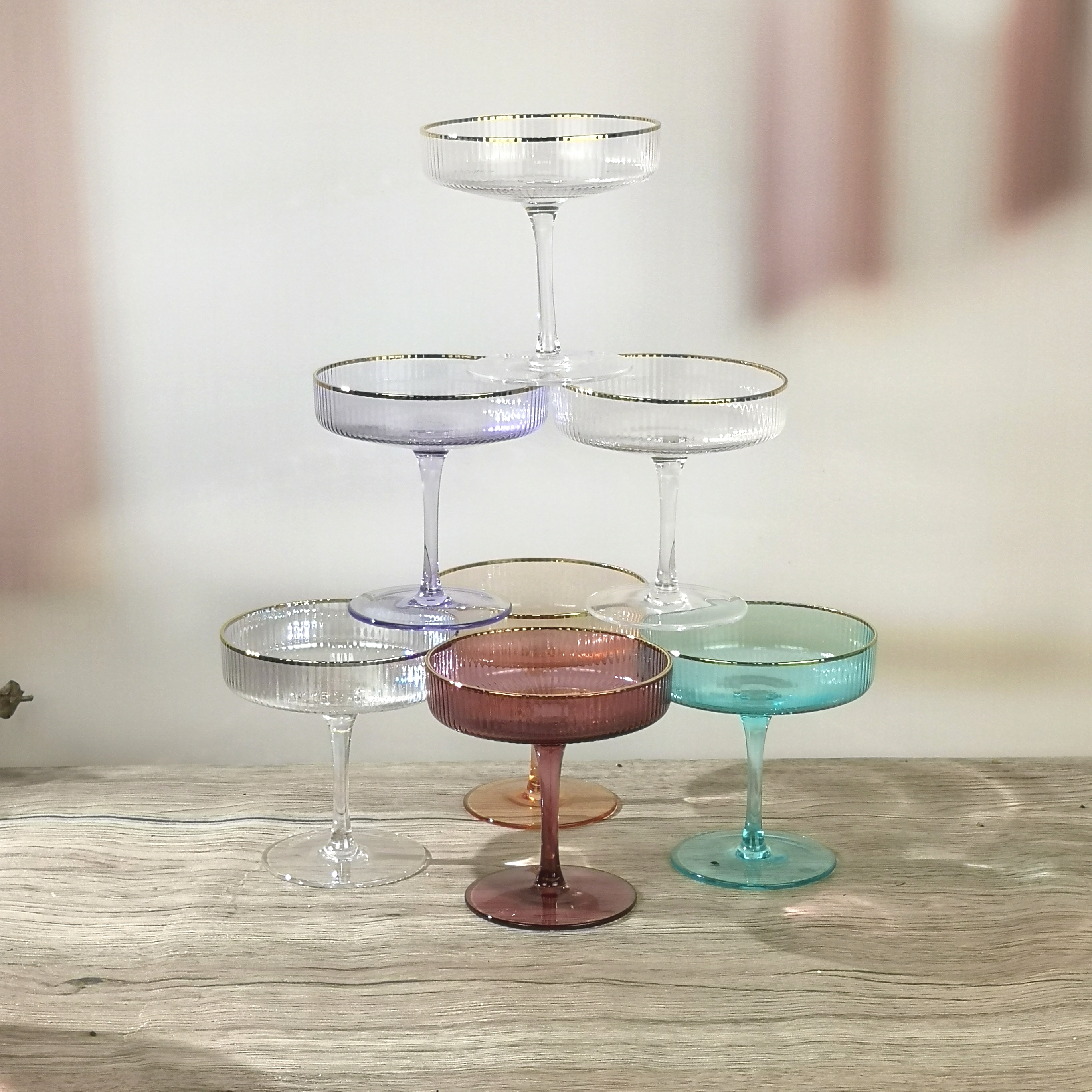 Custom Colored Glass Champagne Coupe with Gold Rim CXW1405