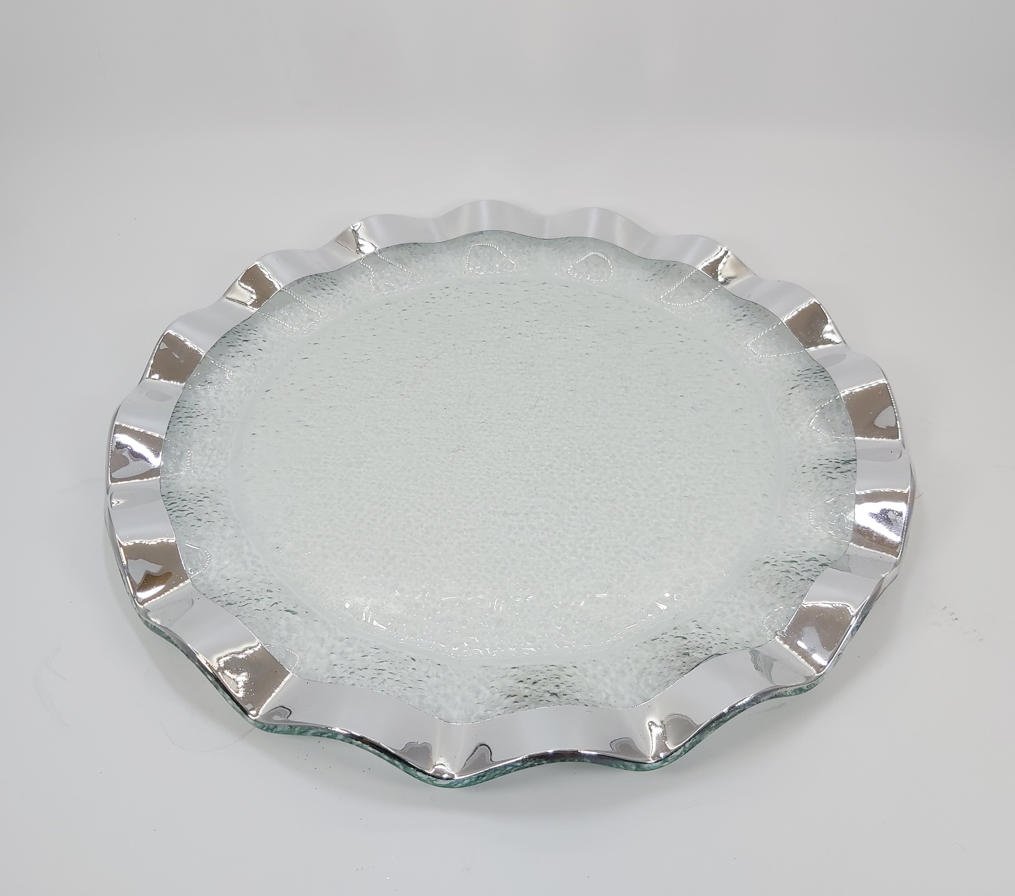 Custom Large Round Wedding Decoration Glass Charger Plates with Gold Rim CHS097