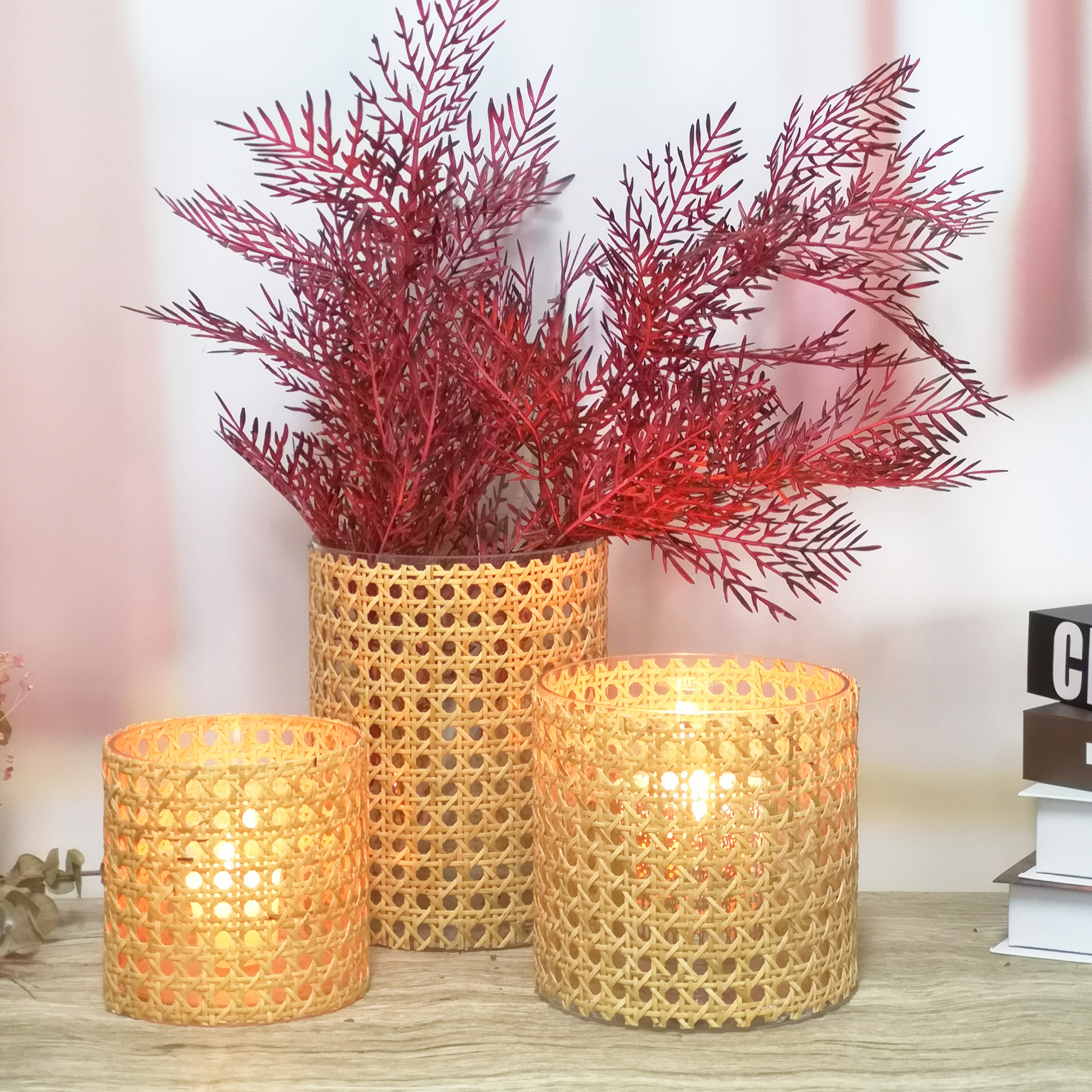 Custom Hand-woven Rattan Wrapped Cylinder Glass Containers for Candles Holders BZ023