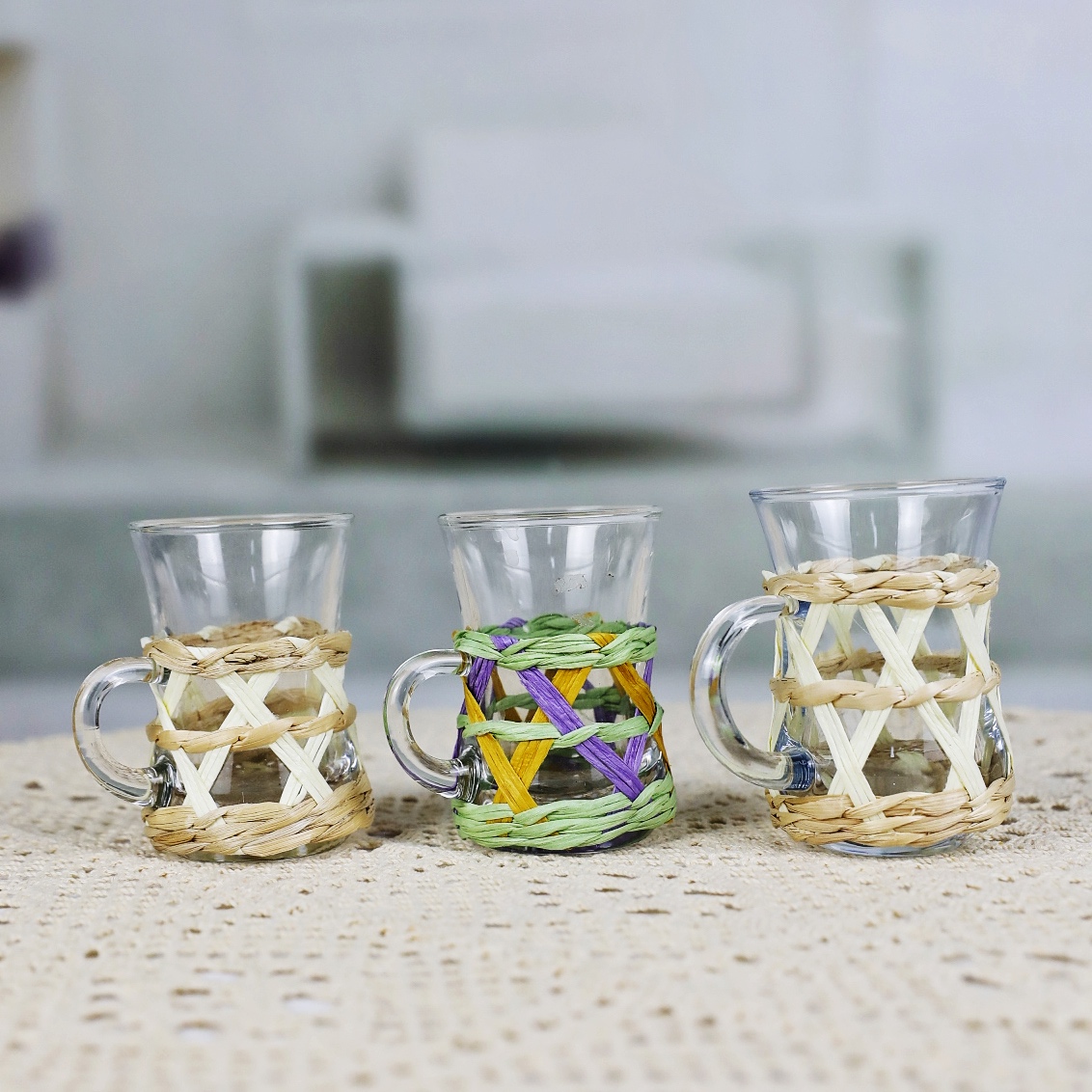 Hand Made Colored Paper Wrapped 90ml Small Mini Tea Coffee Glass Cup Mug with Handle BZ094