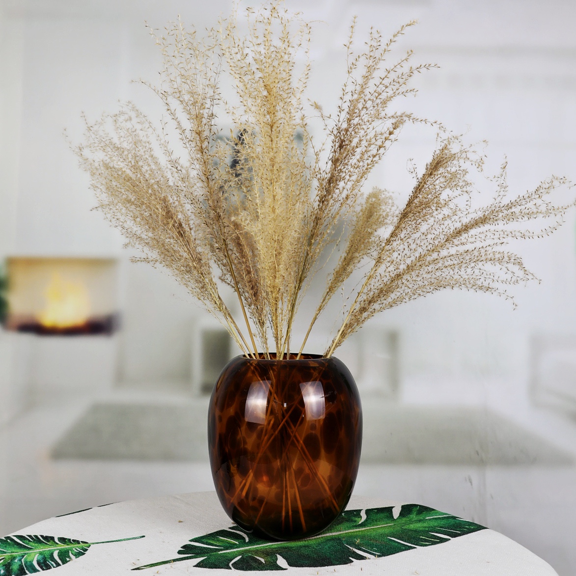 Modern Amber Colored Leopard Tortoise Shell Tall Round Flower Glass Vase HP280