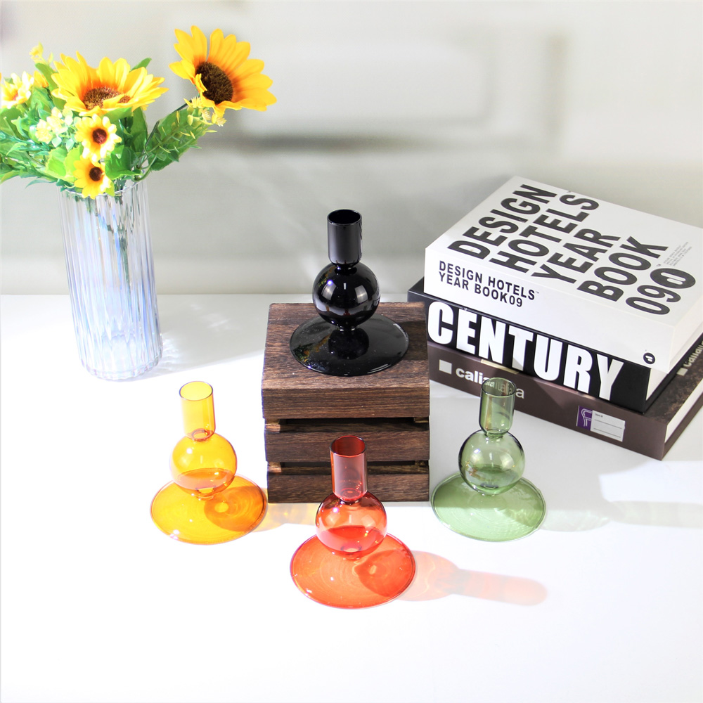 Hand Blown Small Ball Green Orange Black Colored Glass Candle Holders Candlestick