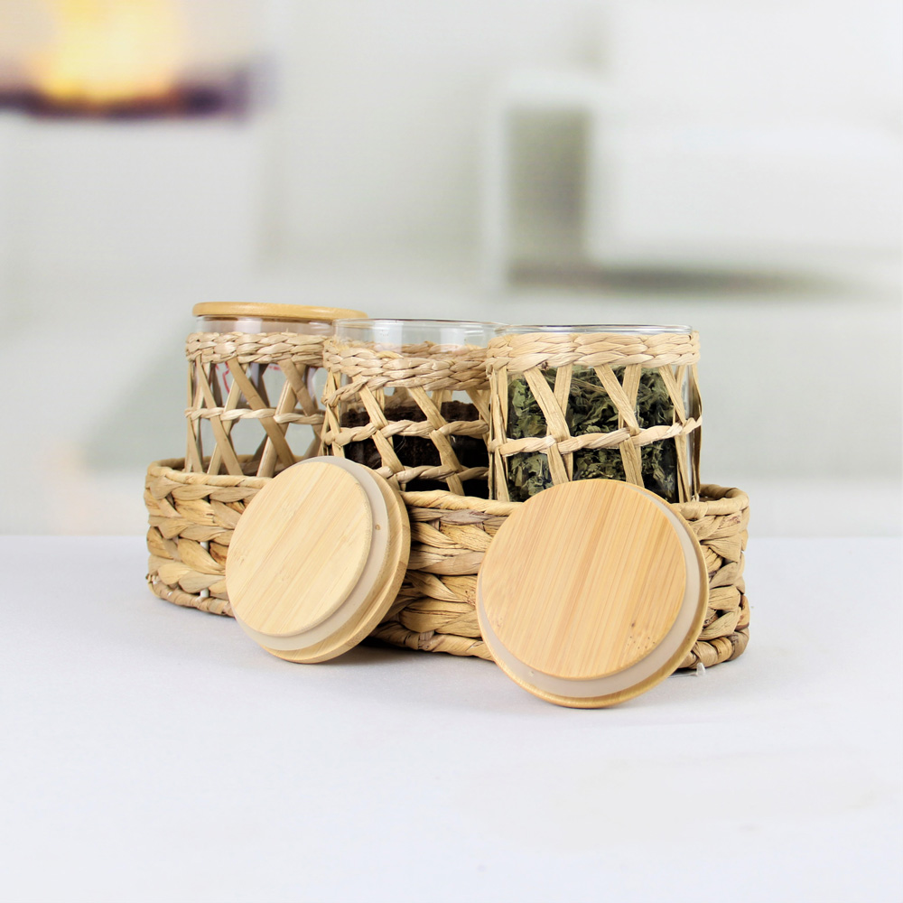 Three Woven Glass Jars and Storage Rack for Spices GZ1600