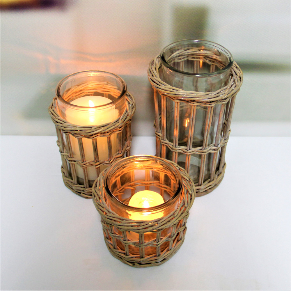 Home Decor Hand-woven Rattan Wrapped Glass Cylinder Container Candle Holders GZ1785