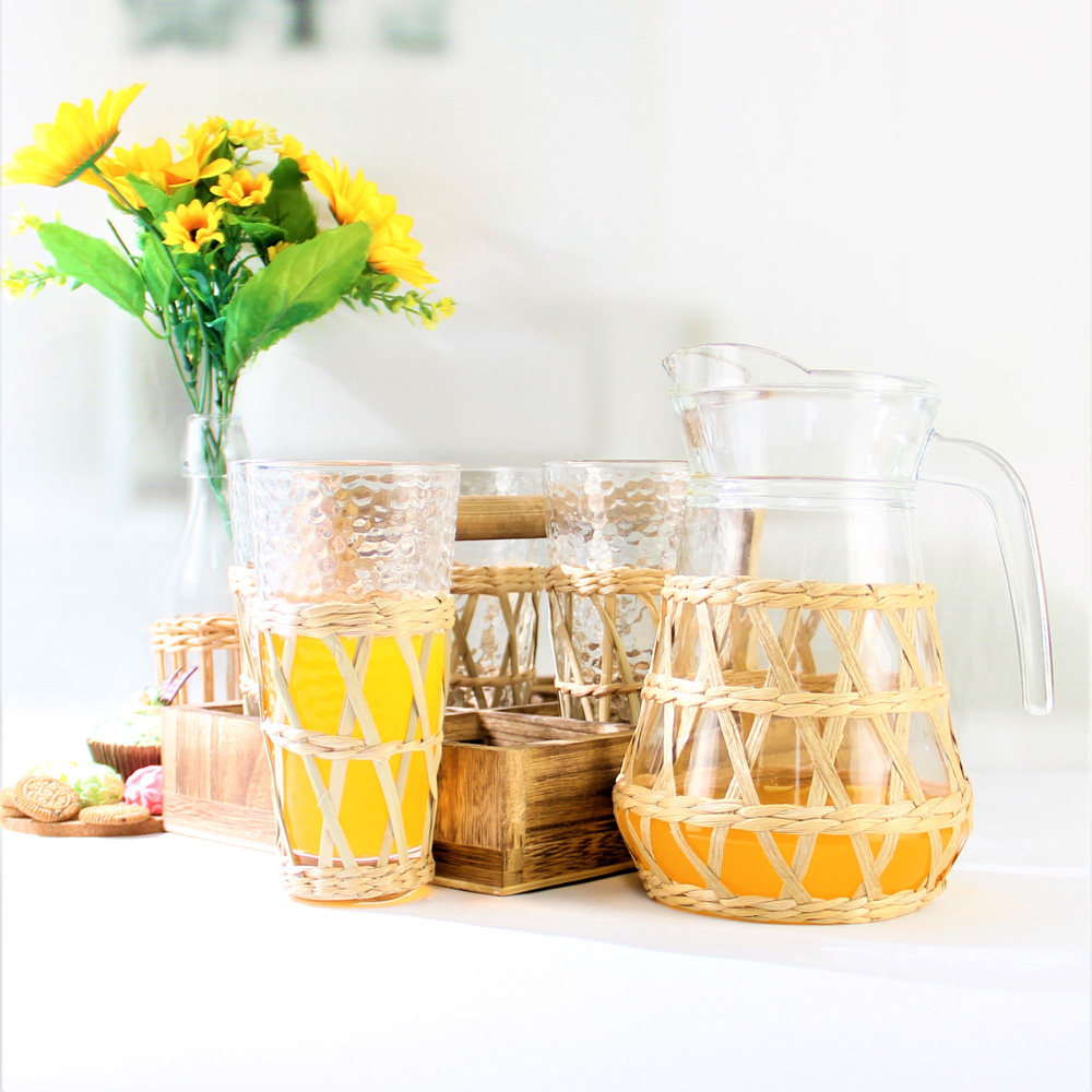 embossed juice milk drinking glass tumbler with handmade paper wrapped