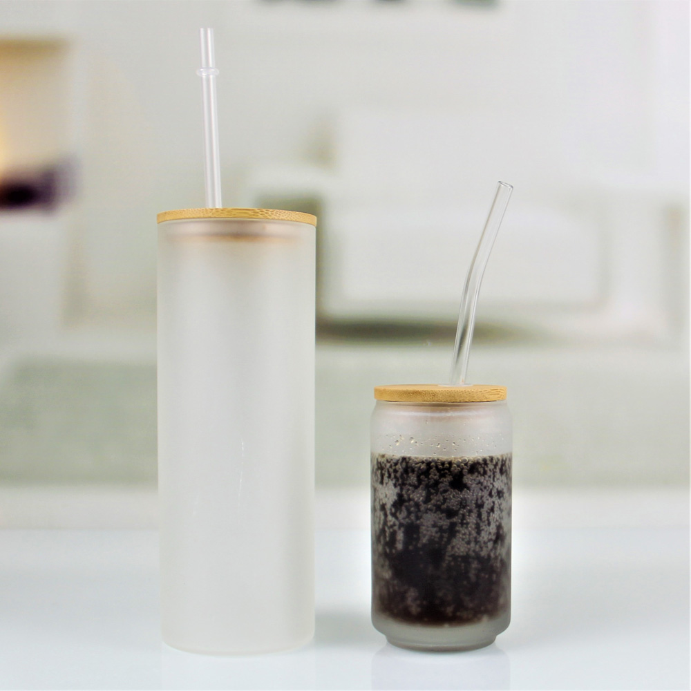 Frosted Beer Can Shaped Glass with Bamboo Lid and Glass Straw for Beverages