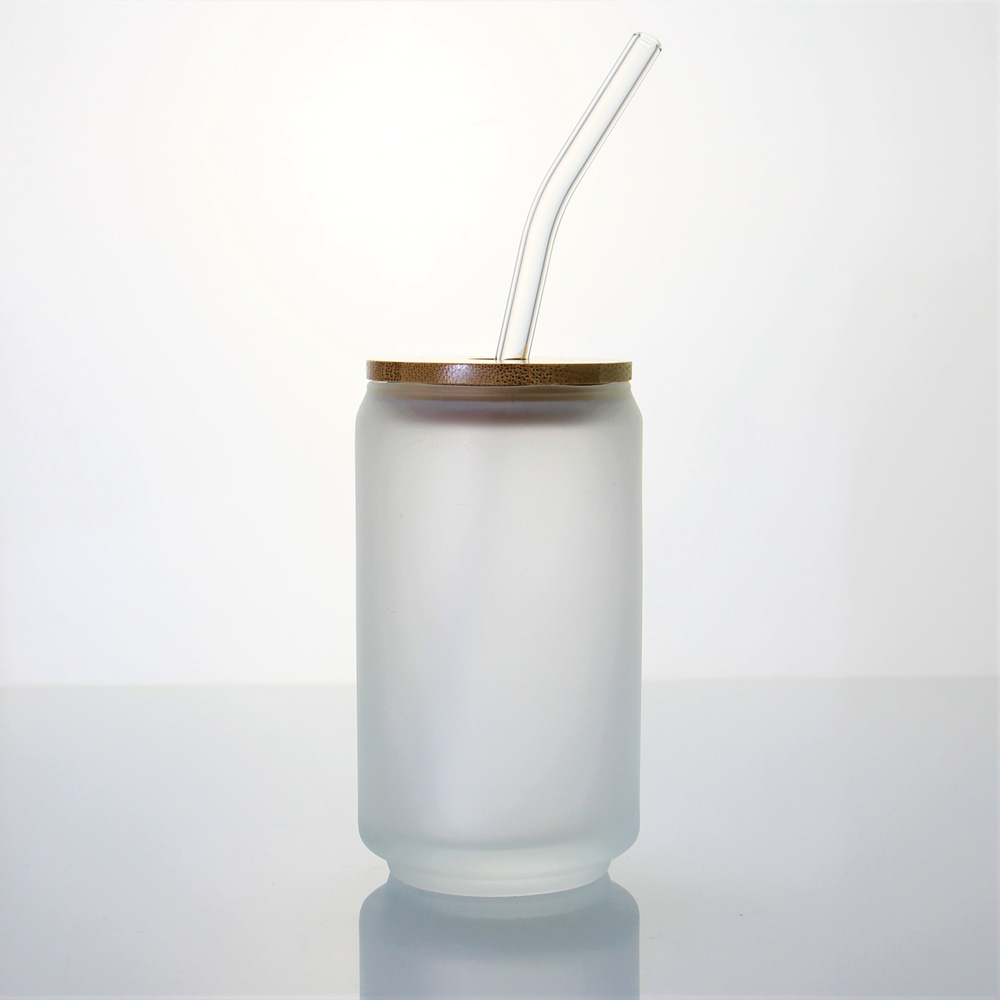 Frosted Beer Can Shaped Glass with Bamboo Lid and Glass Straw for Beverages WG251