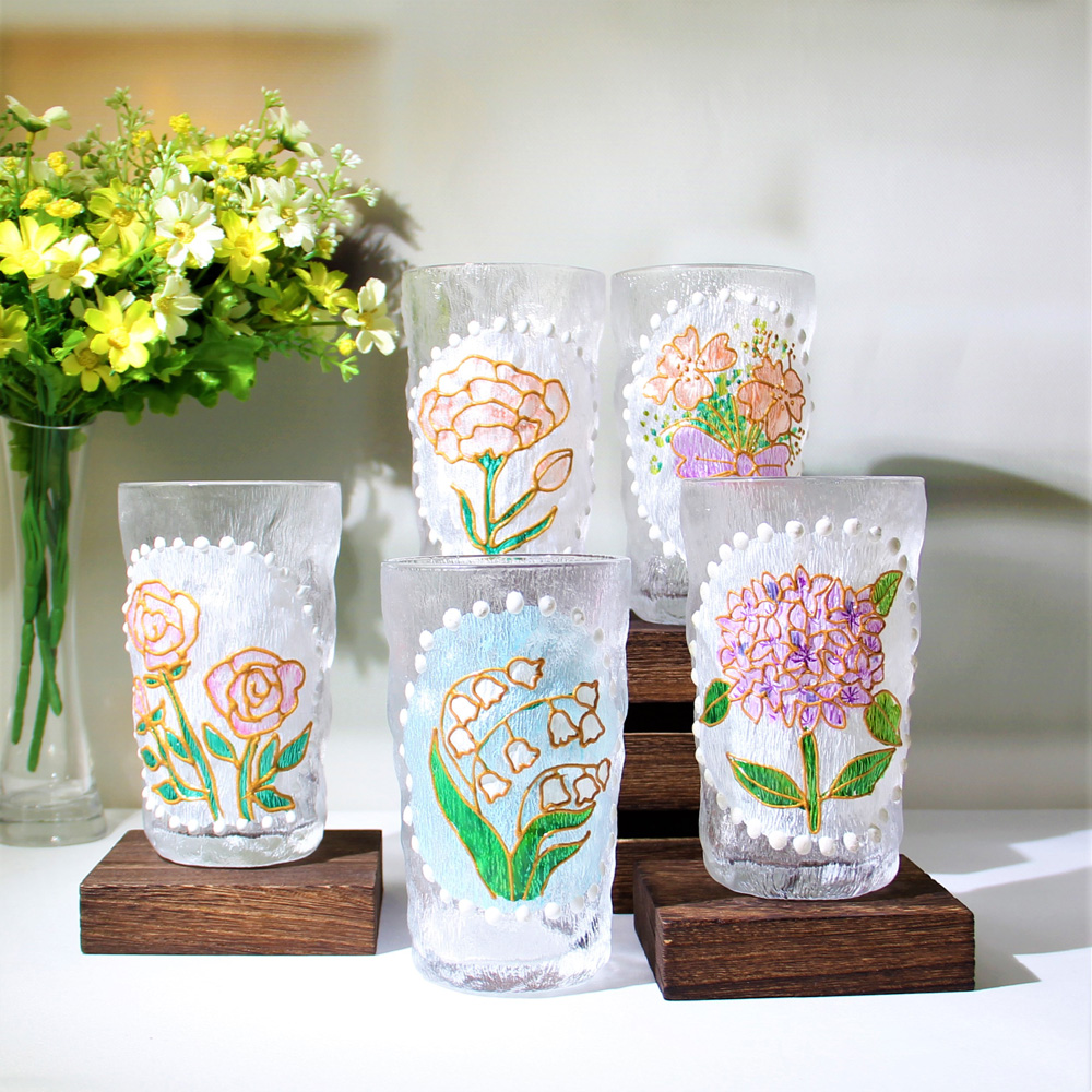 Hand Painted Flower Crystal Glass Cup Set Frosted Pearl Tracing Drinking Glass for Water & Juice