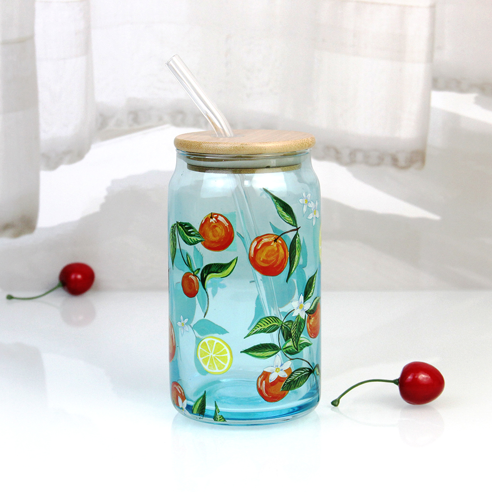 Beer can glass cup with straw and bamboo lid