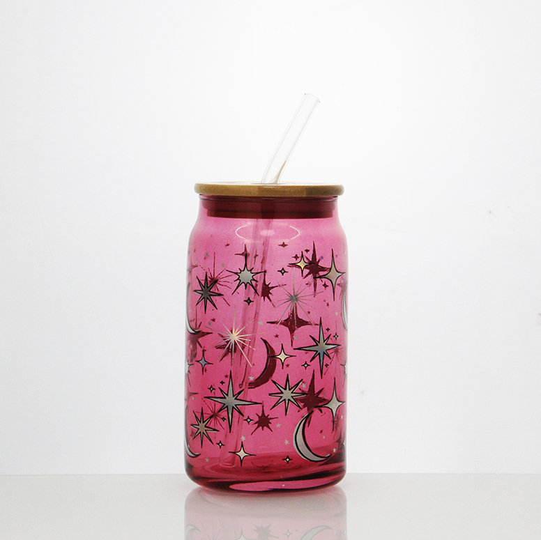 Modern Design Beer Can Glass with Bamboo Lid and Glass Straw