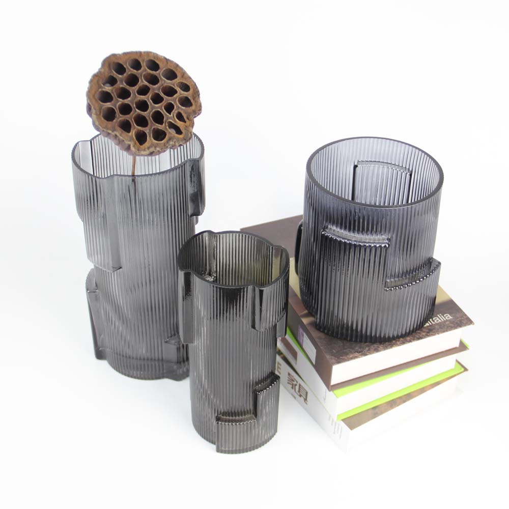 Modern Ribbed Dark Smoke Gray Colored Tall Flower Glass Vase HP492