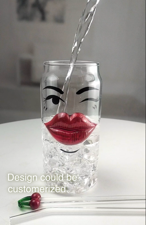 big red lips beer can glass