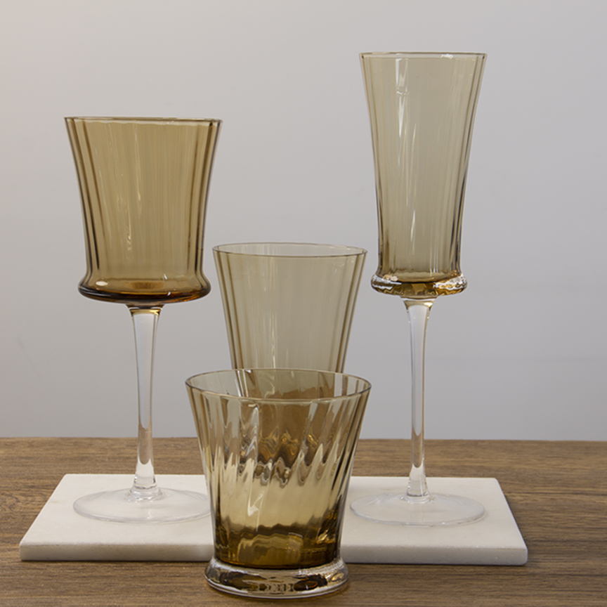 Amber Colored Luxury Textured Stemmed Goblet for Home Bar Party Wedding Decor | Premium Lead-Free Gl