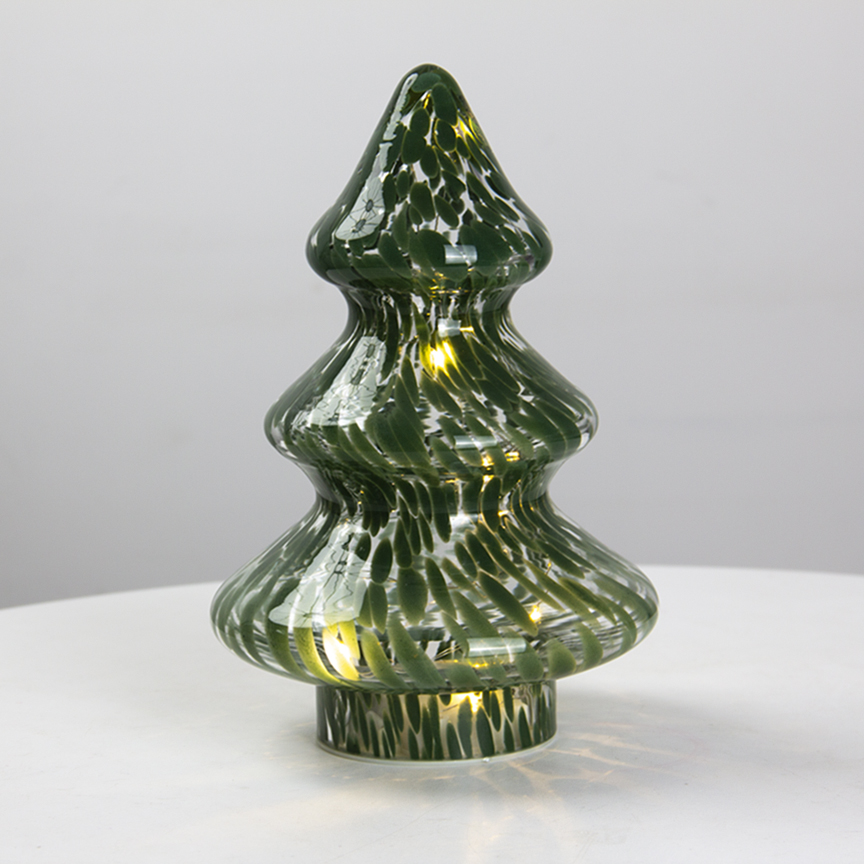 Lighted Handblown Glass Christmas Tree, LED Illuminated Art Glass Tree Figurine for Holiday Home Dec