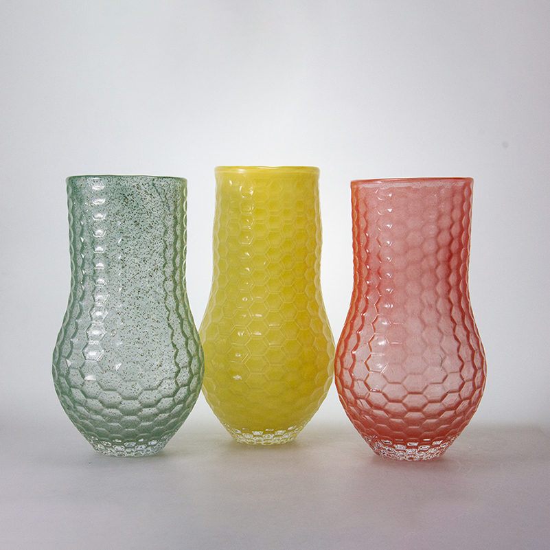 Honeycomb Textured Colored Glass Vase Set, Handblown Hexagon Pattern Decorative Vases for Home &