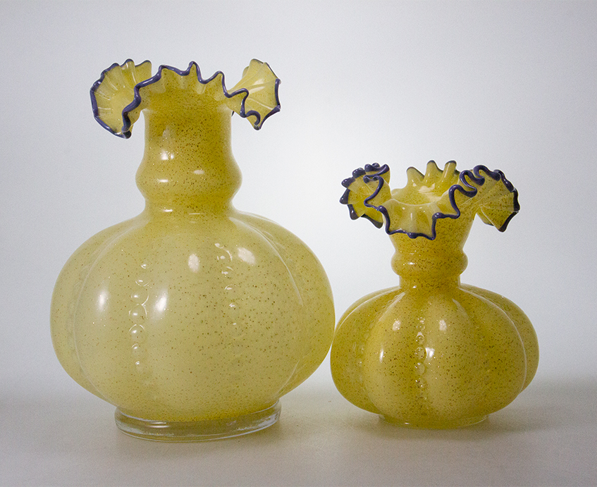 Yellow Speckled Glass Vase Set with Ruffled Blue Rim, Handblown Pumpkin Shape Decorative Vases for H