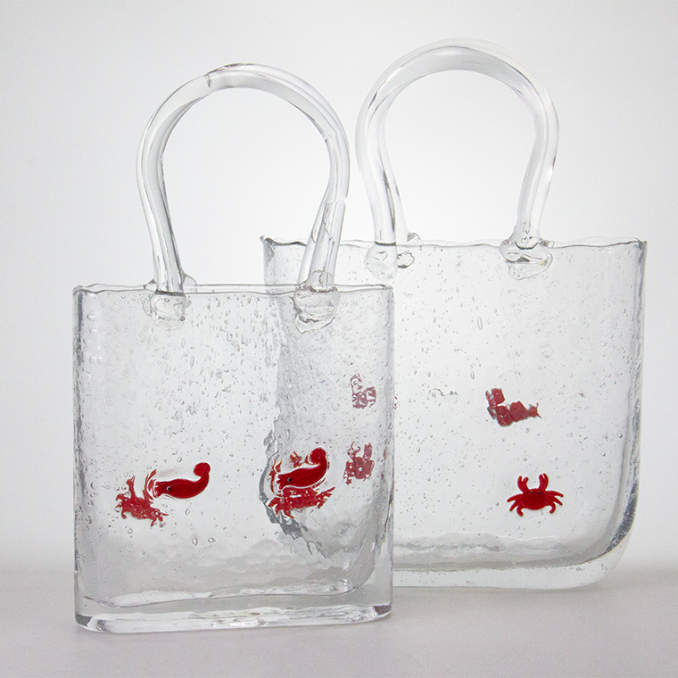 Clear Bubbled Glass Handbag Vase with Marine Motifs, Novelty Ocean-Themed Handbag Shaped Vase for Ho
