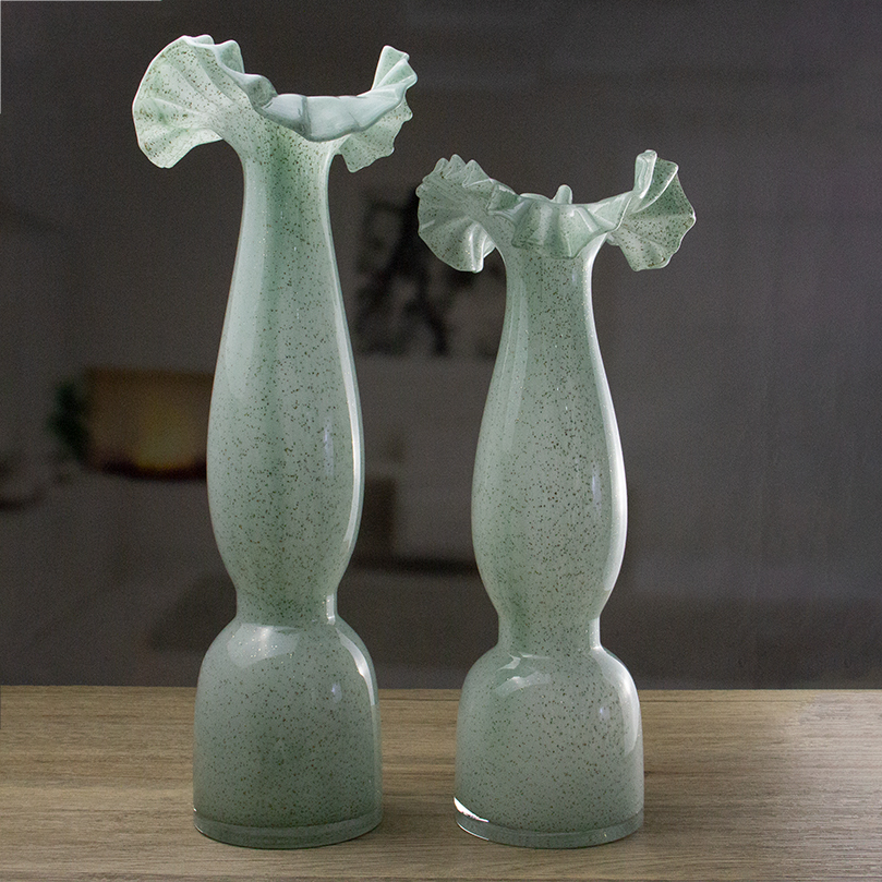 Light Green Speckled Glass Vase Set with Ruffled Rim, Handblown Curved Neck Decorative Vases for Hom