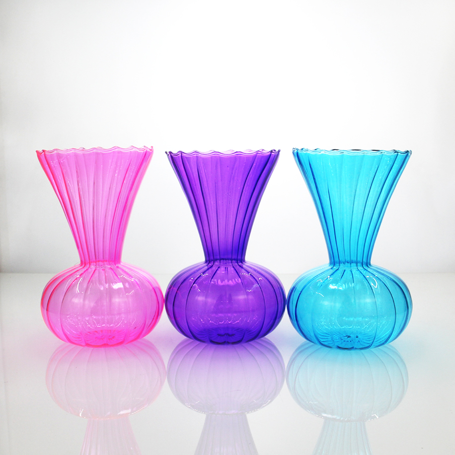 Colorful Ribbed Glass Vase Set, Ruffled Rim & Bulbous Shape Decorative Vases for Vibrant Home De	