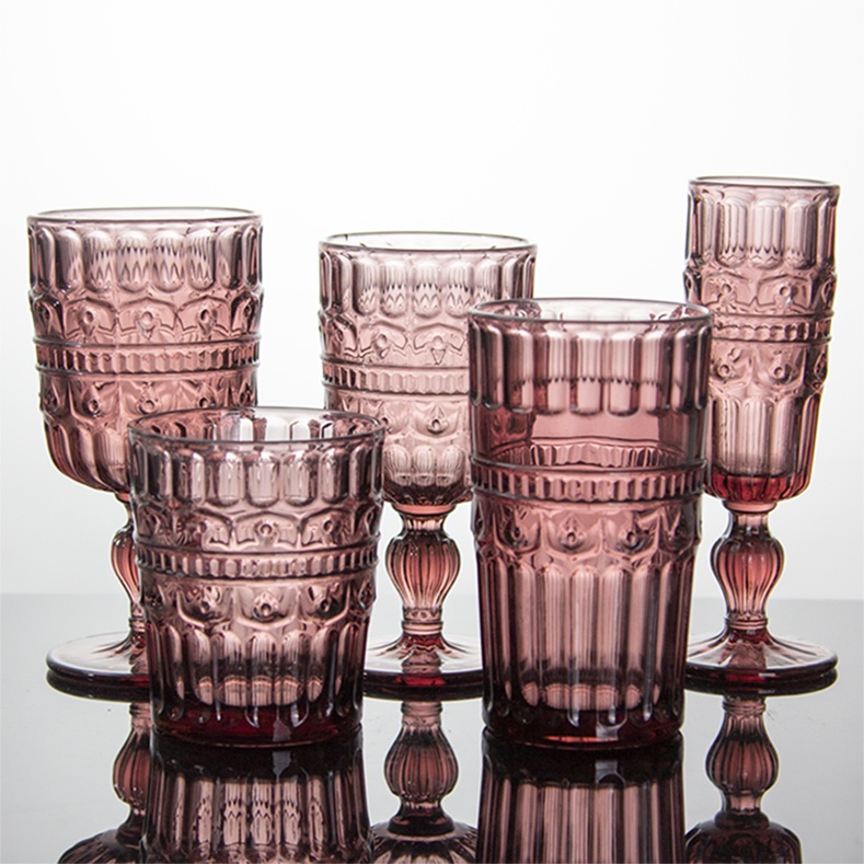 Vintage Embossed Purple Glass Cup Set, 4 Styles Textured Goblet & Tumbler for Wedding & Part	